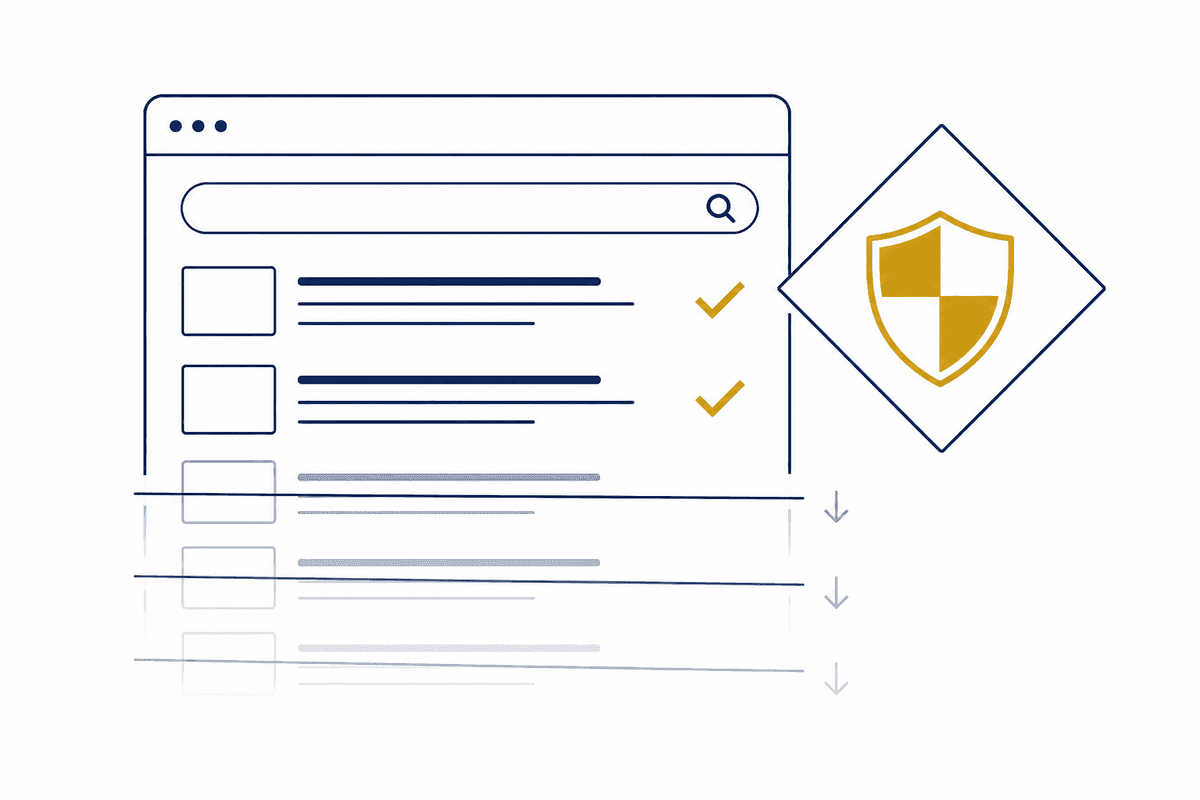 Clean search results held above suppressed negative results, beside a shield inside the brand diamond