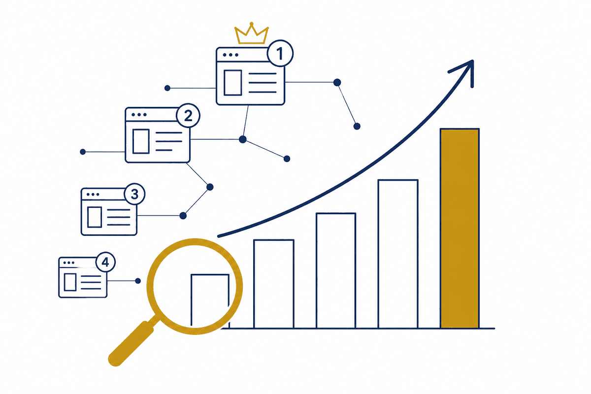 Rising bar chart with an upward trend arrow and a magnifying glass over a rank-one result